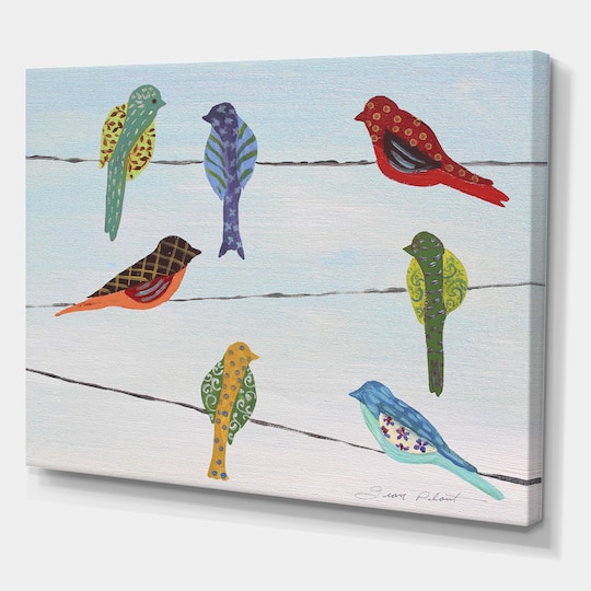 Designart - Lovely Colorful Birds On Wires 2 - Cottage Canvas Wall Art